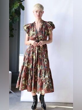 Ulla Johnson Brown Multi Floral Tiered Midi Dress